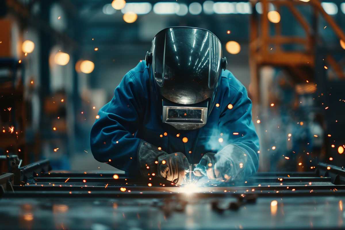 A detailed image of a professional welder in protective gear performing tack welding on a metal structure in a workshop, with sparks flying around. The setting includes welding equipment, metal parts, and tools, highlighting the precision and skill involved in the process.