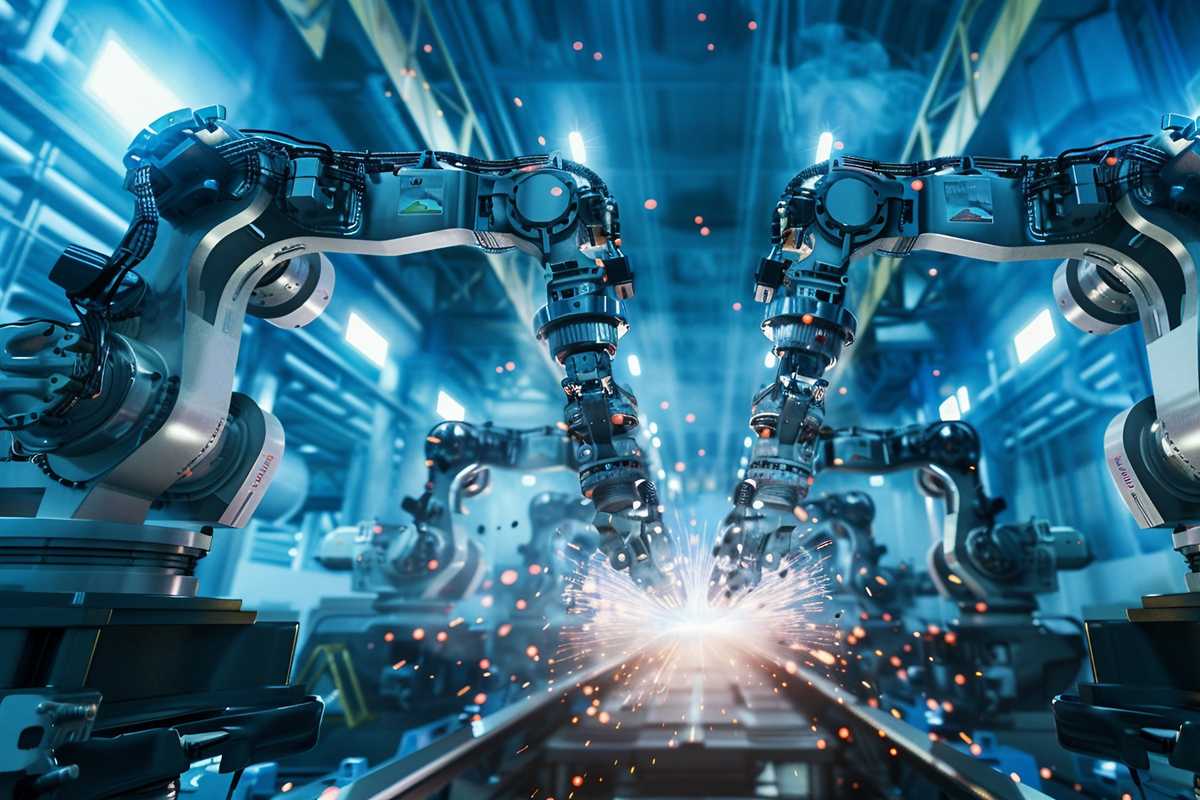 A stock photo depicting a futuristic manufacturing setting with robotic arms performing resistance welding on metal parts. The scene is illuminated with sparks and a blue hue, highlighting the precision and advanced technology involved in modern welding processes.