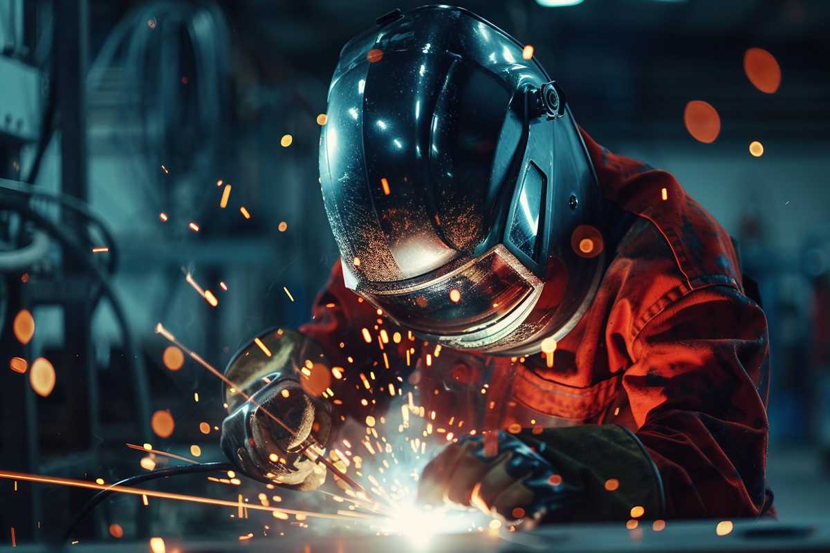 A stock photo depicting a professional welder using an inverter welder on a metal structure in a workshop setting. The image captures the bright welding arc and the protective gear worn by the welder, including a helmet and gloves, against a backdrop of industrial equipment. The photo emphasizes the compact size of the inverter welder and the precision work being performed, reflecting the article's focus on the advantages of modern welding technology.