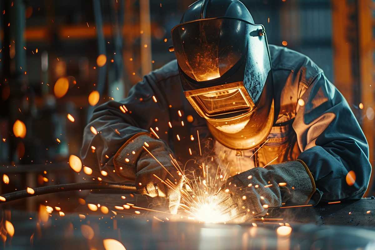 A stock photo depicting a skilled welder in protective gear meticulously working on an aluminum welding project. The image captures the bright sparks and the intense focus required in the welding process, set against a dark workshop background to highlight the vibrant colors of the welding arc.