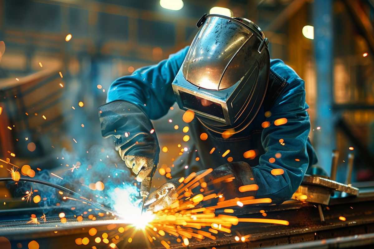 A detailed image of a professional welder at work, wearing protective gear and using advanced welding equipment to fuse metal components. The background shows a construction site with steel structures, highlighting the precision and safety measures in place. The image captures the intense glow of the welding torch and the careful craftsmanship involved in creating strong, crack-free welds.