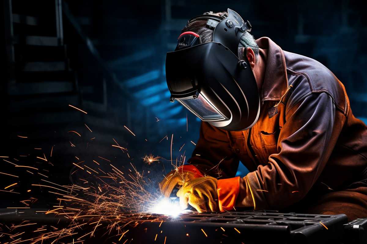 A detailed image of a professional welder in protective gear meticulously stick welding an aluminum joint. The workshop is well-lit, with sparks flying as the electrode fuses the metal, highlighting the precision required for this task. The background shows various welding tools and aluminum parts, emphasizing the industrial setting.