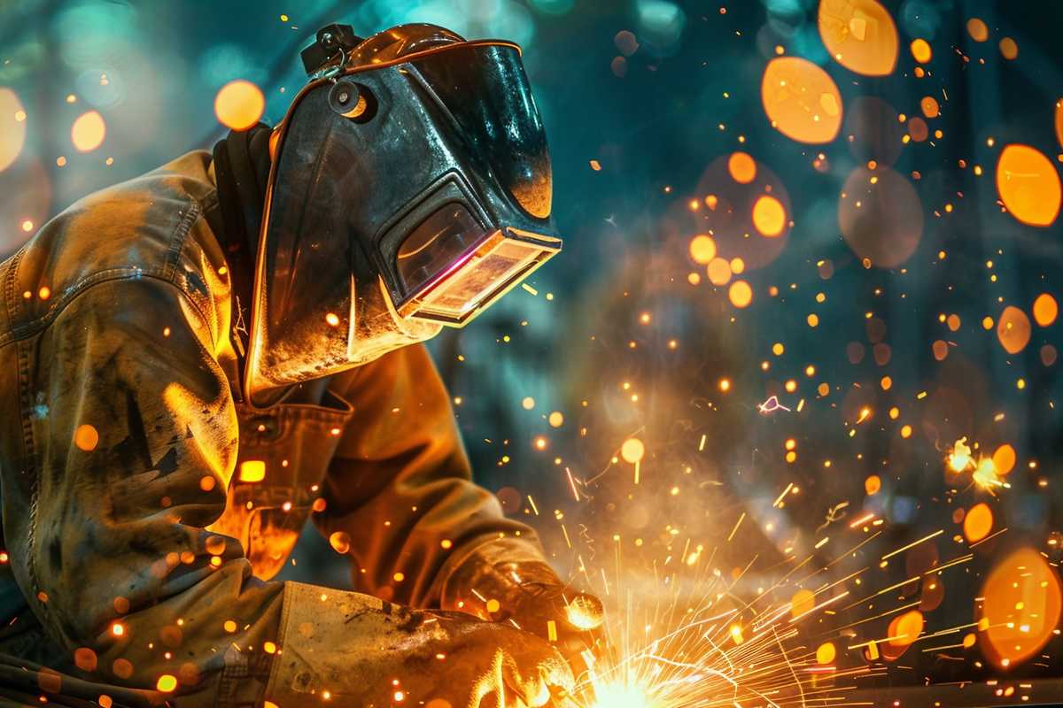 A stock photo of a professional welder in protective gear using a welding machine on a metal workpiece, with sparks flying around in a dimly lit workshop. The image captures the precision and skill involved in the welding process, highlighting the intense heat and light produced by the arc.