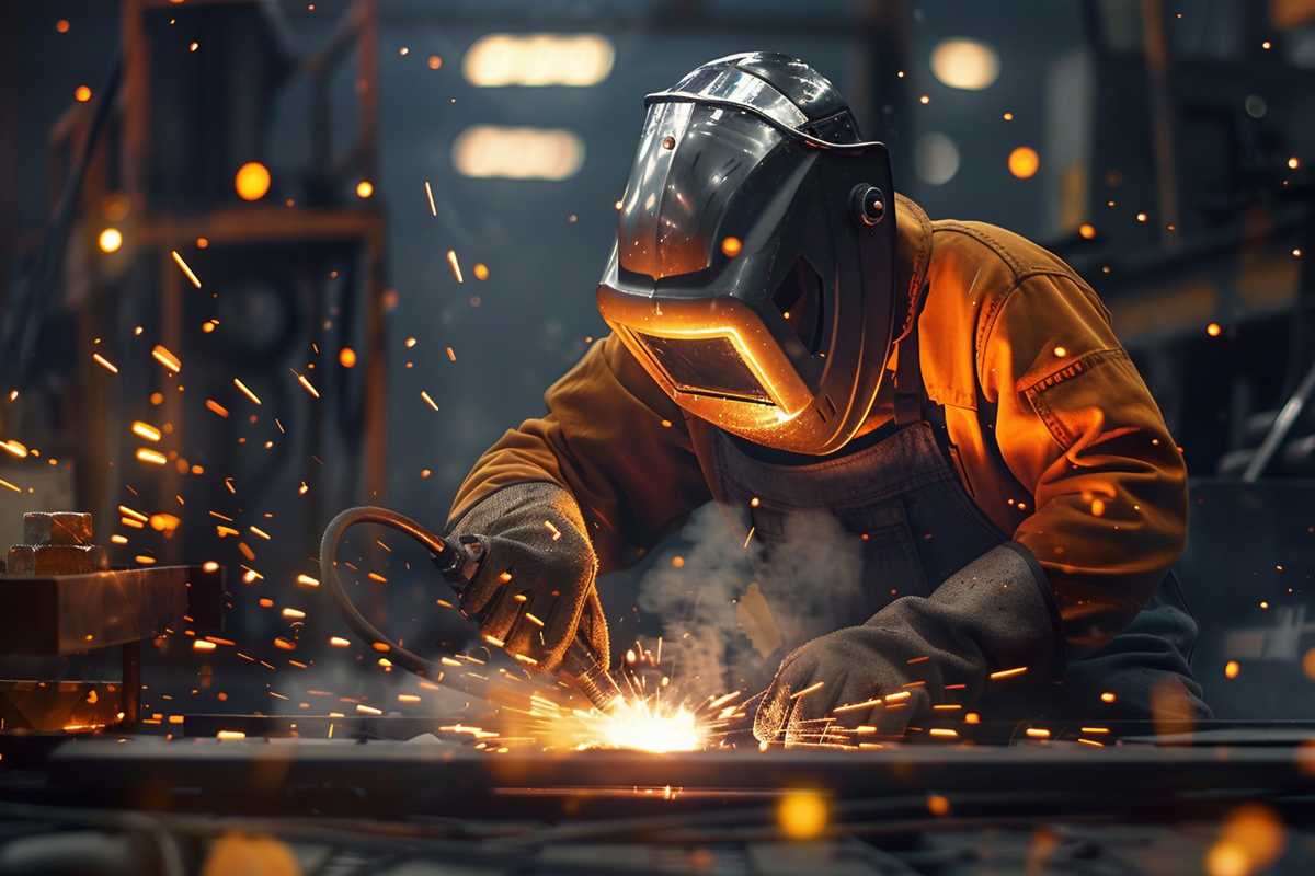 A detailed image of a professional welder at work, showcasing the GMAW process with sparks flying from the welding torch. The welder is wearing protective gear in an industrial setting, with clear visibility of the MIG and MAG equipment and metal workpieces in the background.
