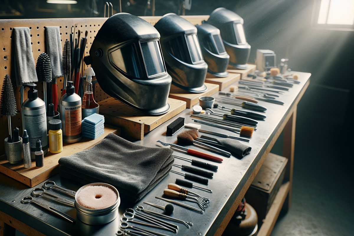 A stock photo depicting a well-organized workbench with various welding helmet maintenance tools laid out, including microfiber cloths, soft-bristled brushes, and lens cleaning solutions. The setting is a clean, well-lit workshop with helmets on display, showcasing different stages of the cleaning process. The image captures the essence of a professional welder's commitment to equipment upkeep.