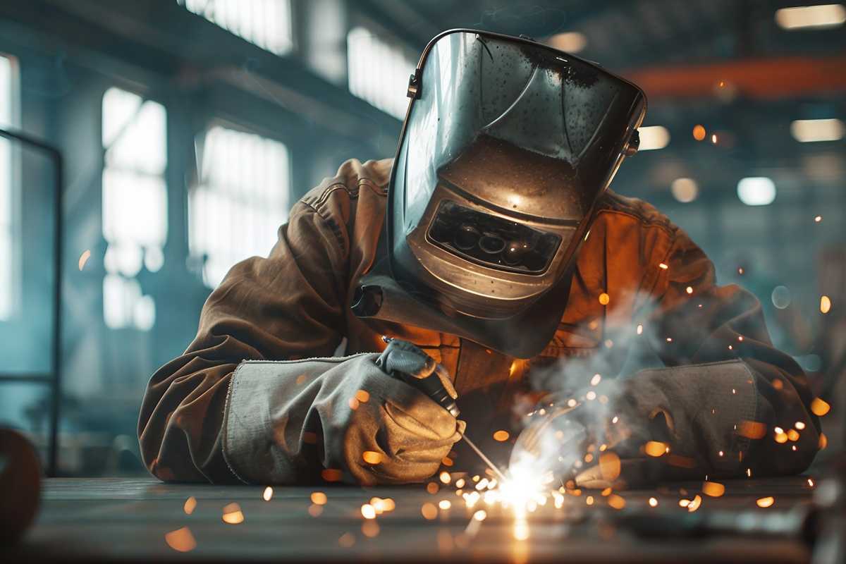 A stock photo of a professional welder in protective gear, meticulously working on a metal piece with a welding torch. Sparks are visible, but there's no spatter due to the precise technique being used. The setting is a well-lit workshop with various welding tools and metal parts in the background, emphasizing a clean and safe working environment.
