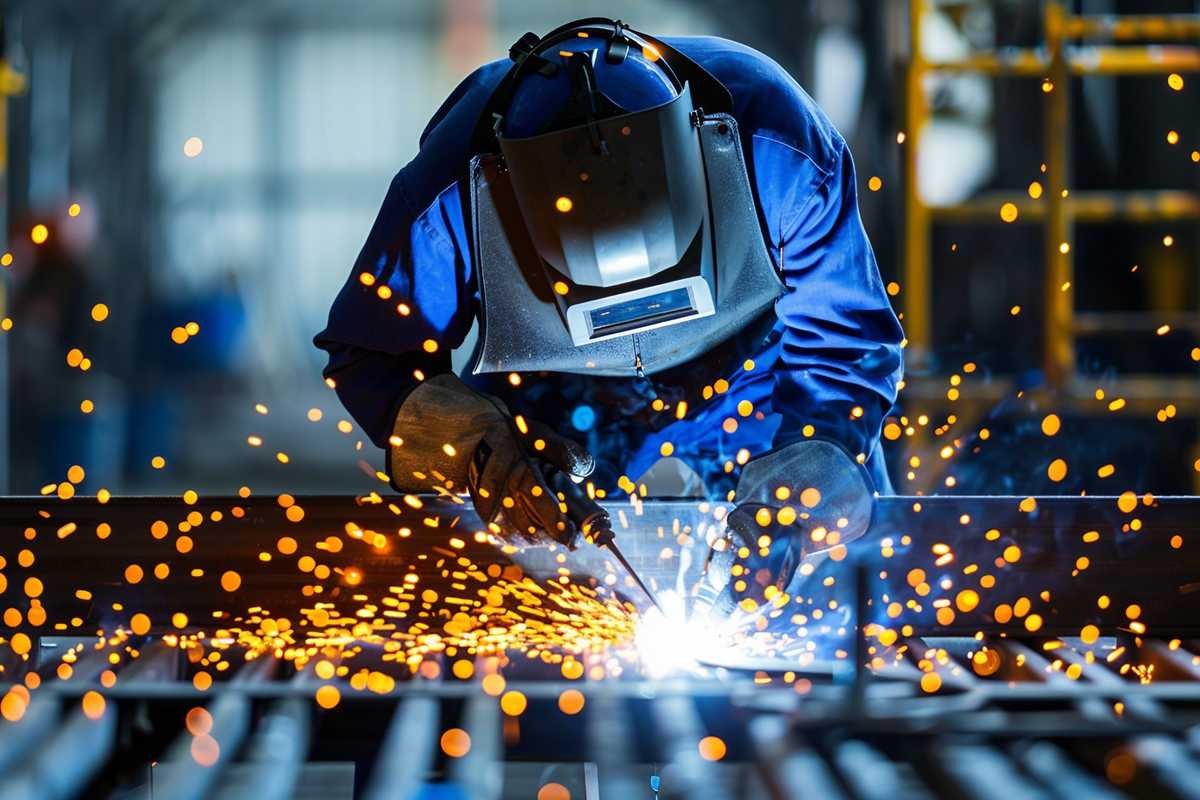 A stock photo of a professional welder in protective gear working with welding equipment on metal pieces, sparks flying around in a workshop setting. The image captures the precision and skill involved in the welding process, with a focus on the bright light of the welding arc.